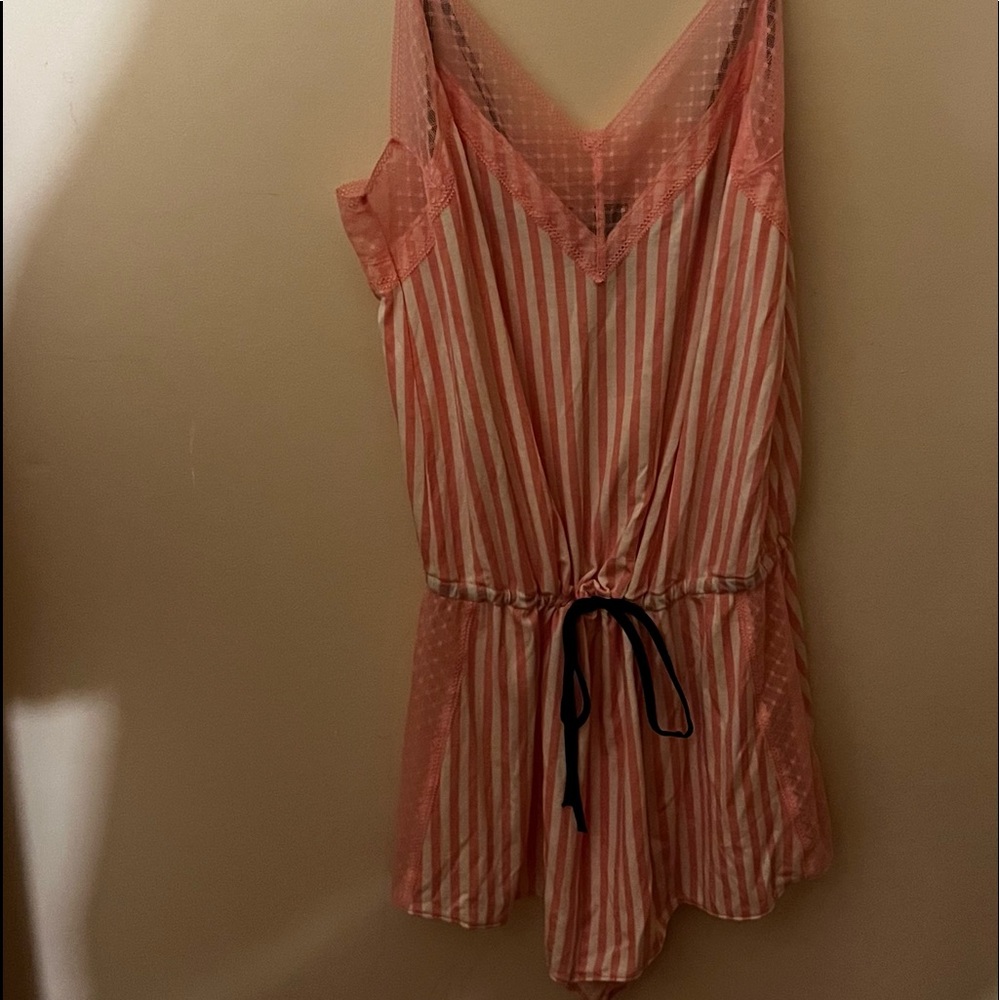 Victoria’s Secret Pink/white striped satin/lace trim Romper with drawstring S/P